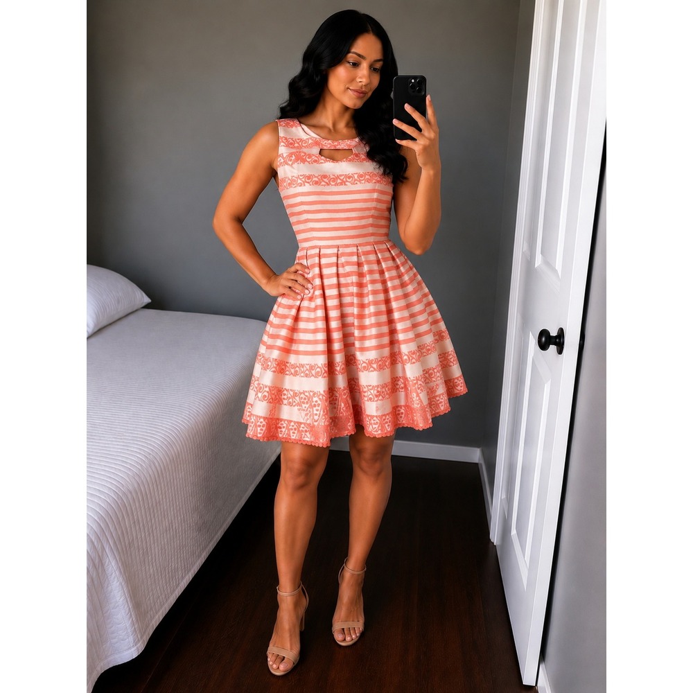 Danny‎ and Nicole Women 12 Coral Lace Striped Fit & Flare Handkerchief Hem Dress